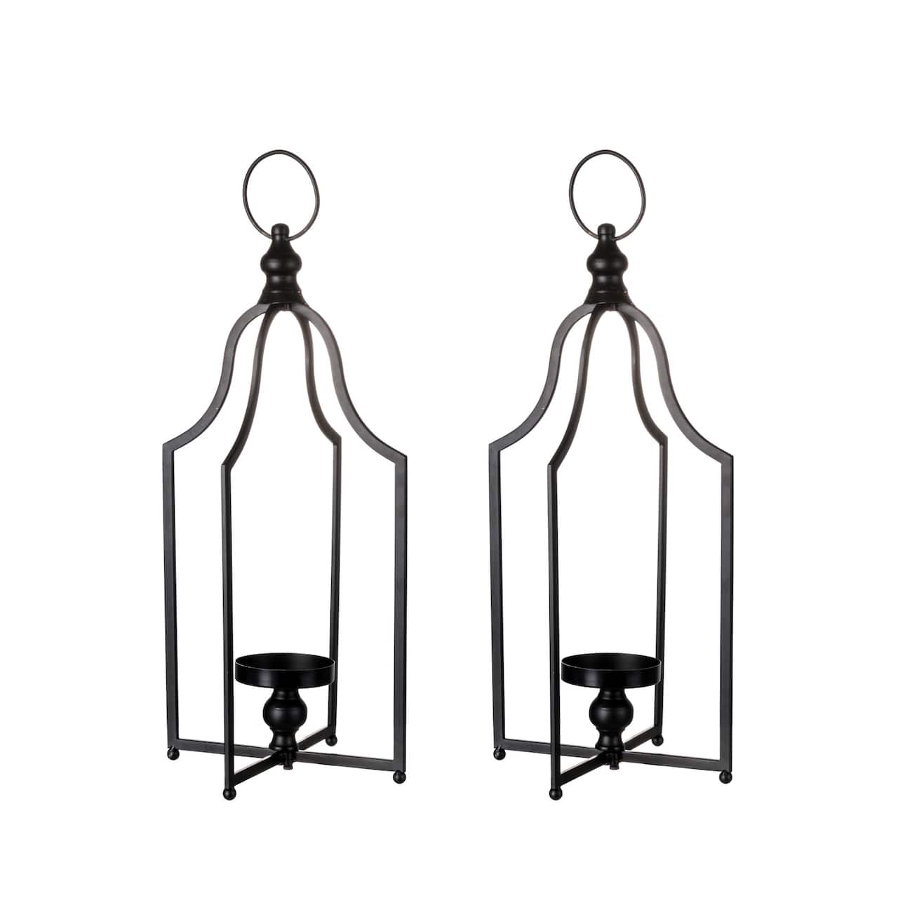 22" Modern Farmhouse Black Metal Candle Lantern Set